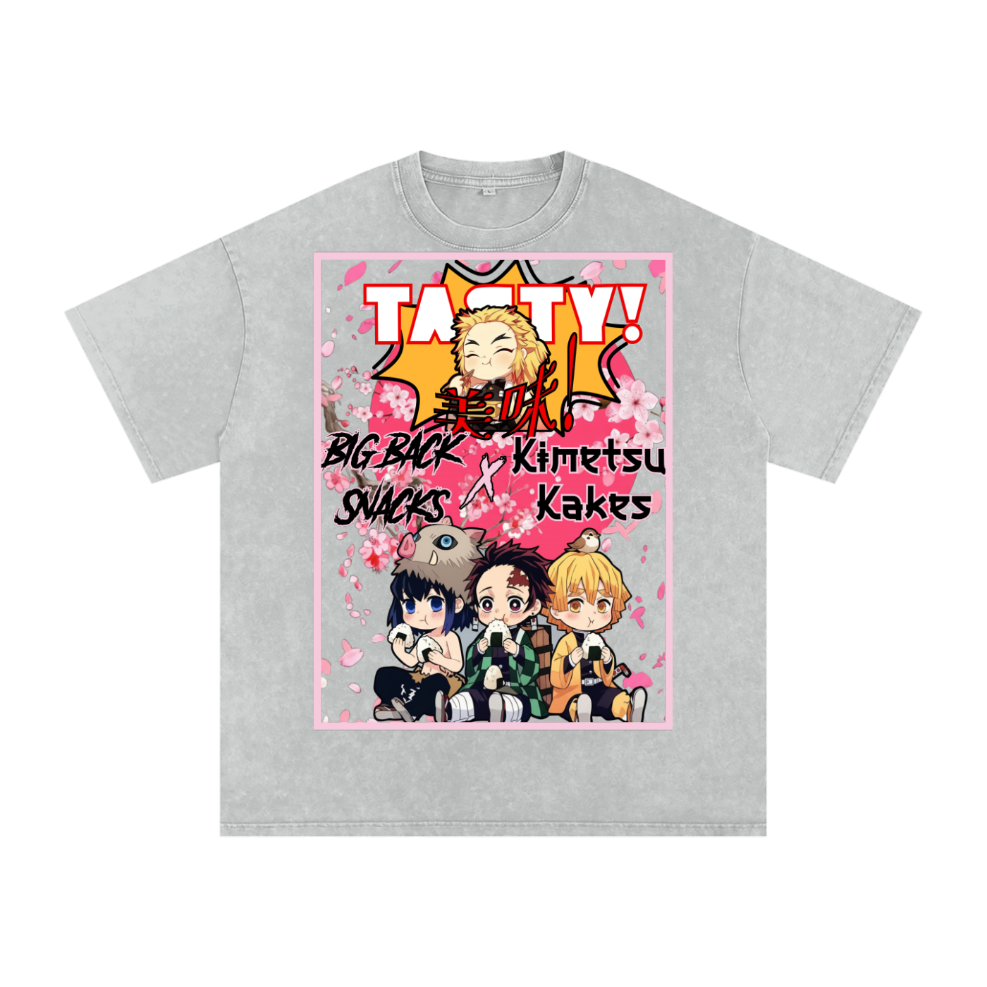 "Big Back Snacks x Kimetsu Kakes" | Snow Washed Oversized Cotton T-Shirt