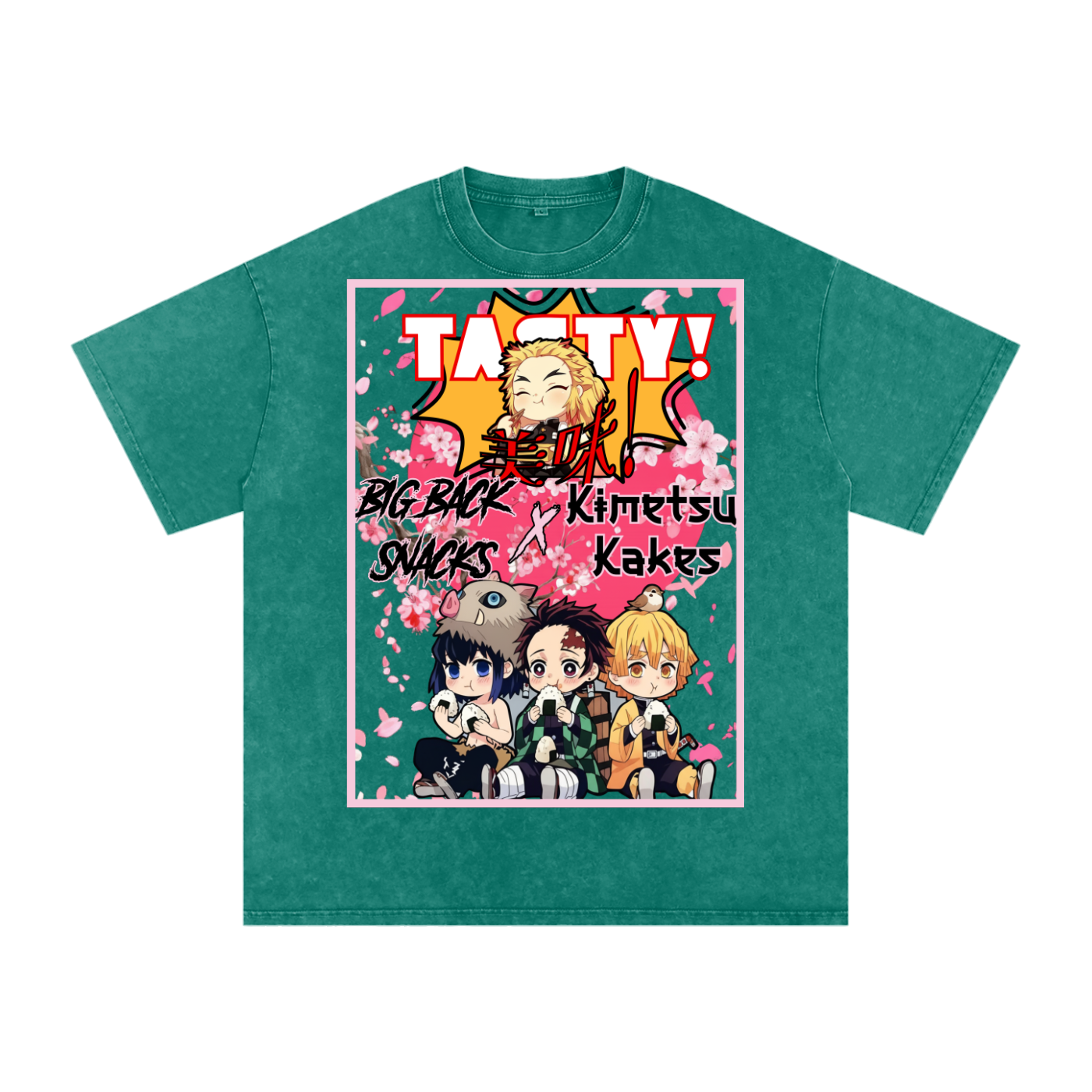 "Big Back Snacks x Kimetsu Kakes" | Snow Washed Oversized Cotton T-Shirt