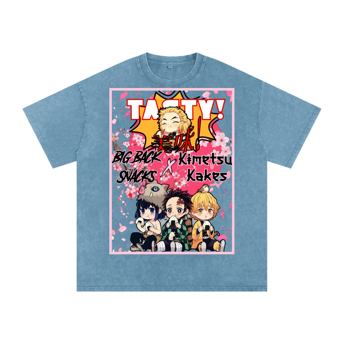 "Big Back Snacks x Kimetsu Kakes" | Snow Washed Oversized Cotton T-Shirt