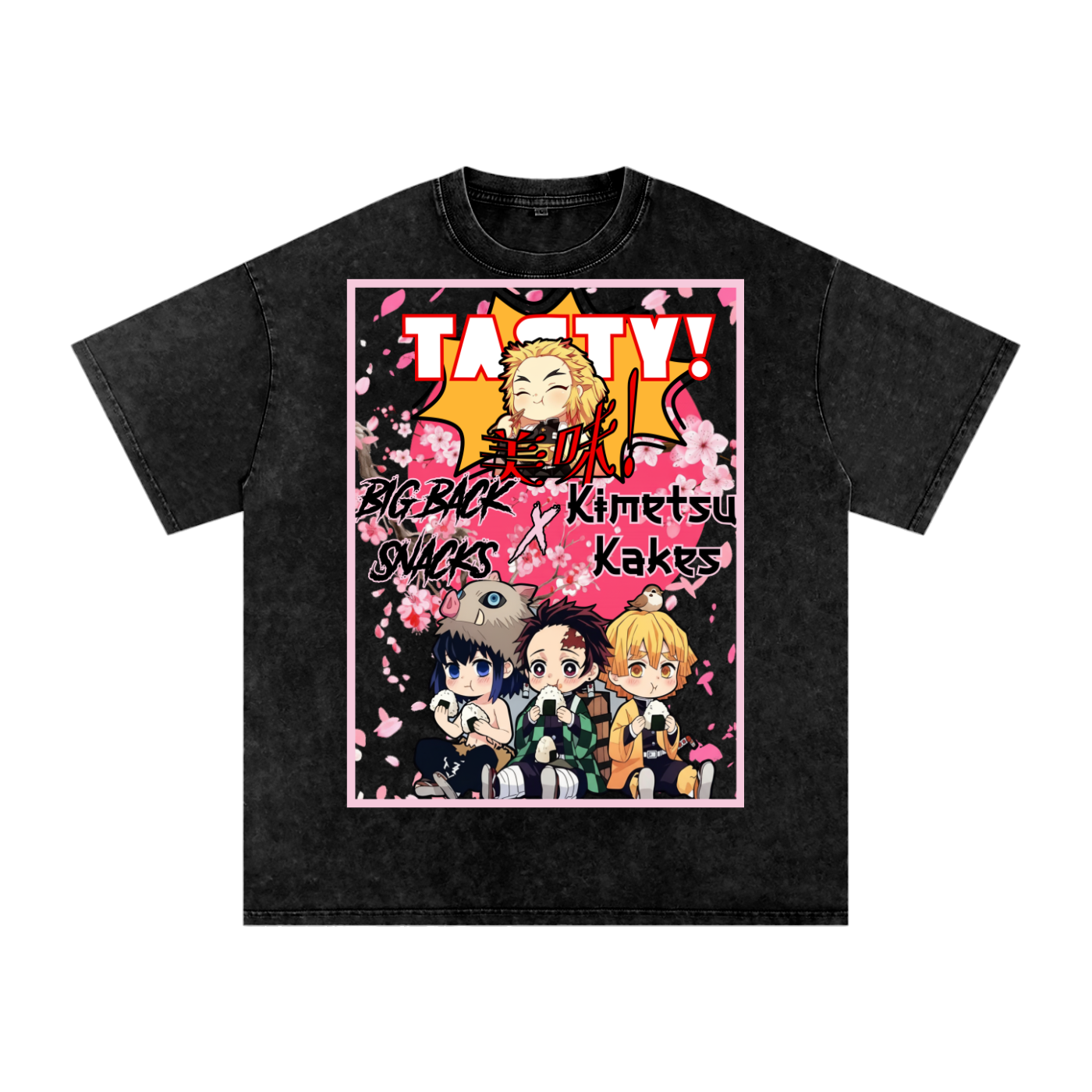 "Big Back Snacks x Kimetsu Kakes" | Snow Washed Oversized Cotton T-Shirt