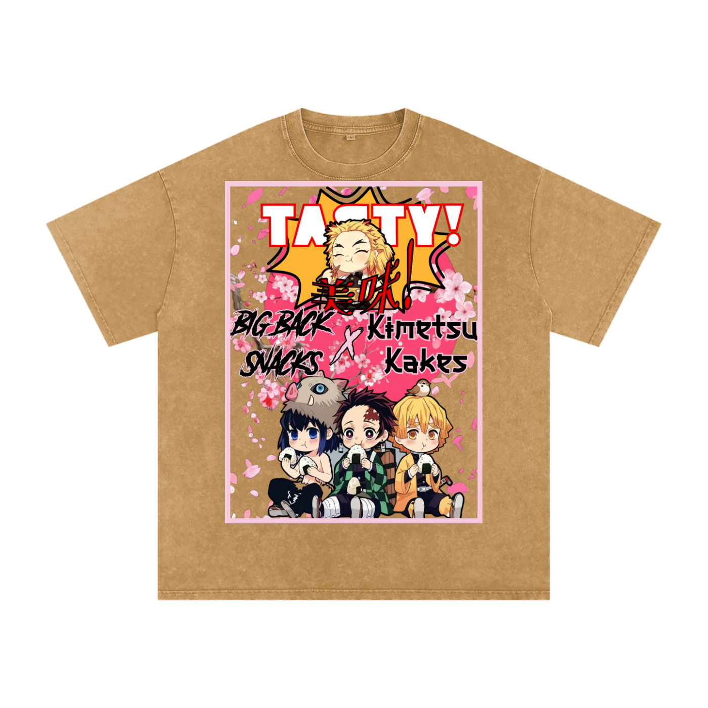 "Big Back Snacks x Kimetsu Kakes" | Snow Washed Oversized Cotton T-Shirt