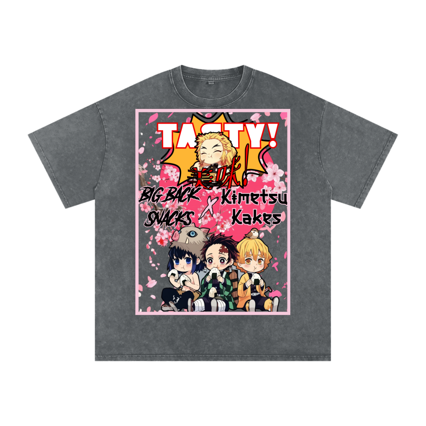 "Big Back Snacks x Kimetsu Kakes" | Snow Washed Oversized Cotton T-Shirt