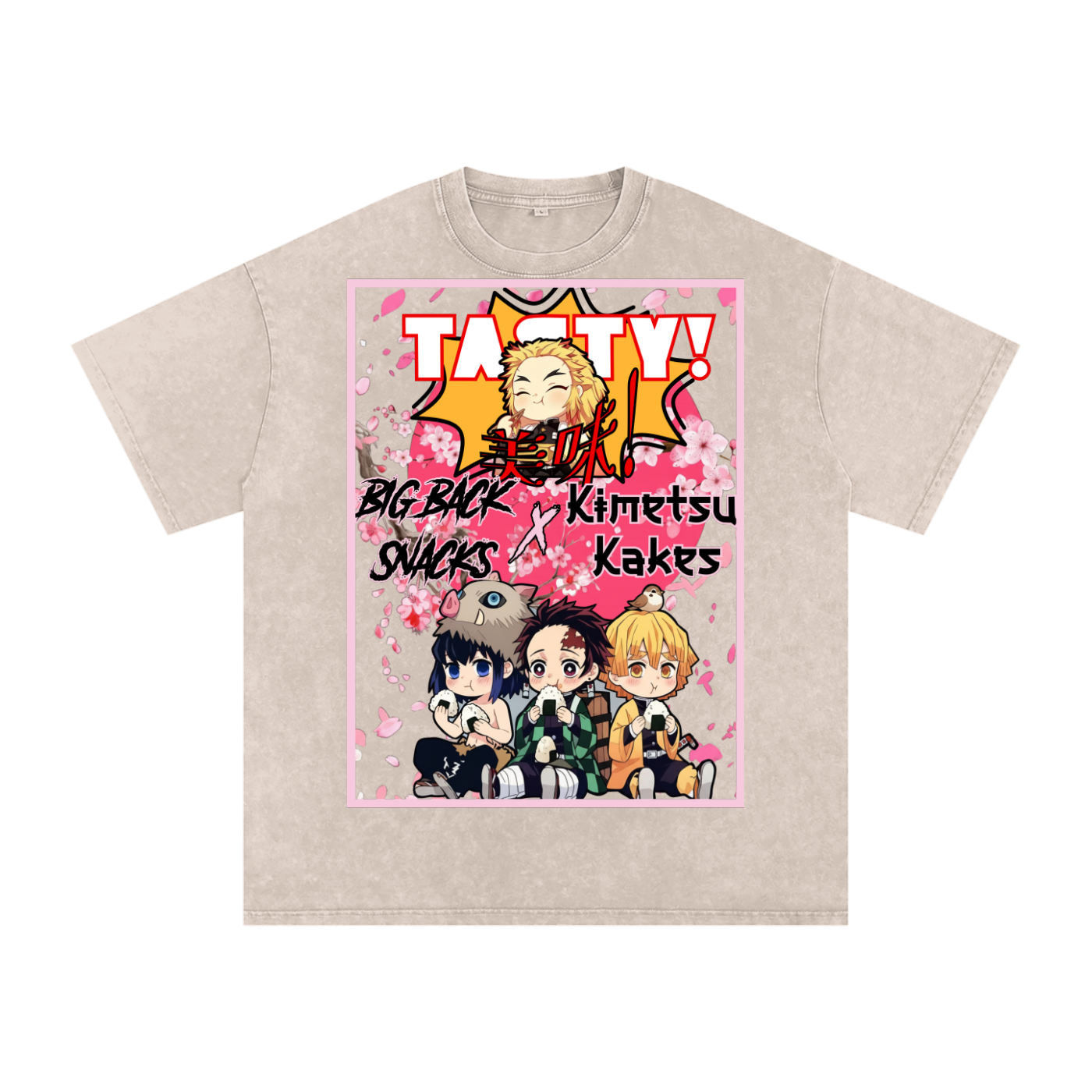 "Big Back Snacks x Kimetsu Kakes" | Snow Washed Oversized Cotton T-Shirt