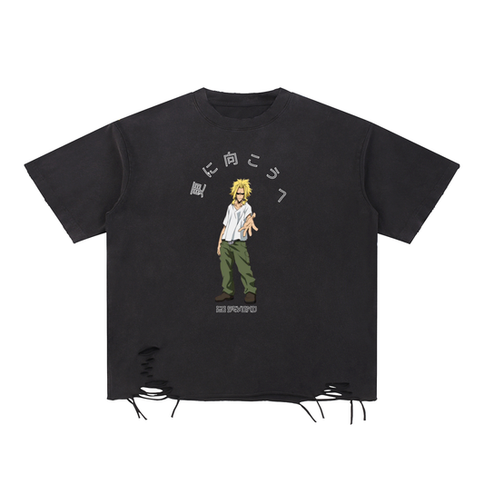 "Go Beyond x All Might" | Snow Washed Raw-Hem T-Shirt