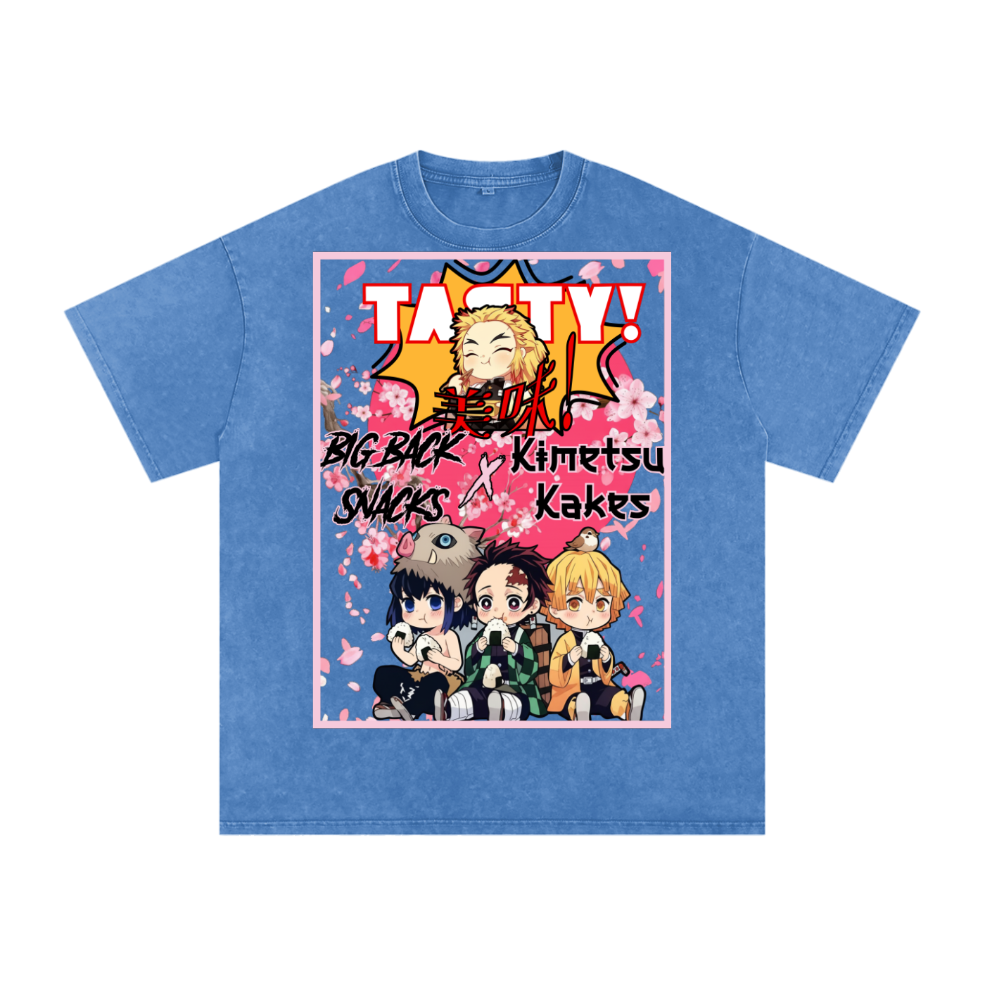 "Big Back Snacks x Kimetsu Kakes" | Snow Washed Oversized Cotton T-Shirt