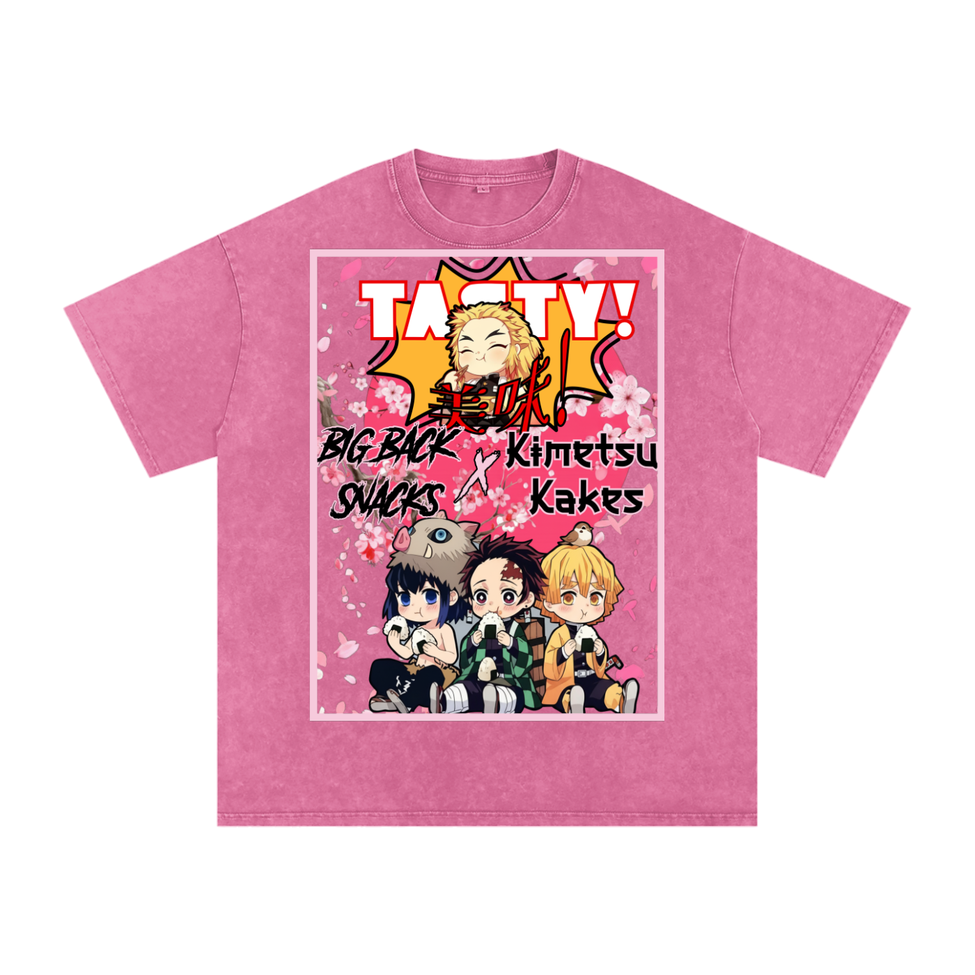 "Big Back Snacks x Kimetsu Kakes" | Snow Washed Oversized Cotton T-Shirt